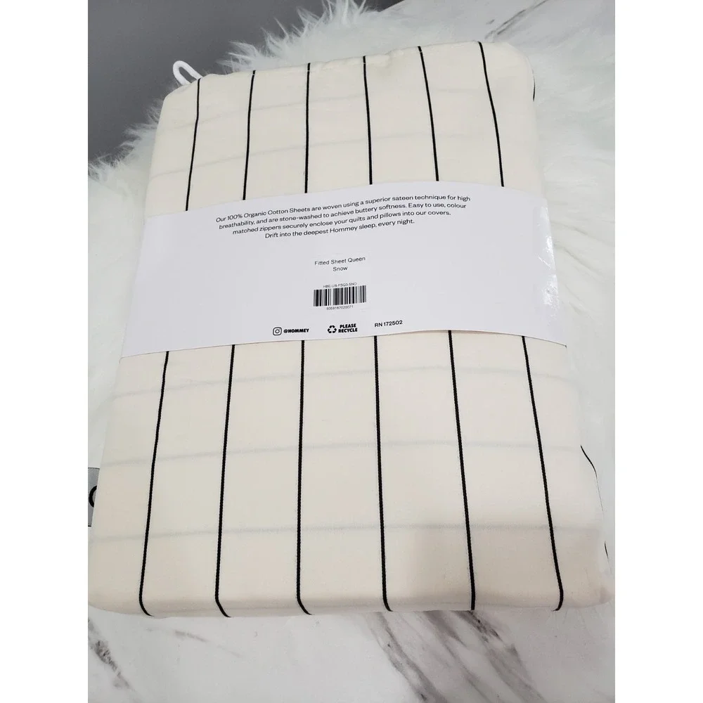 HOMMEY Queen FITTED Sheet White Organic Cotton Stripes Breathable Modern SIMPLE